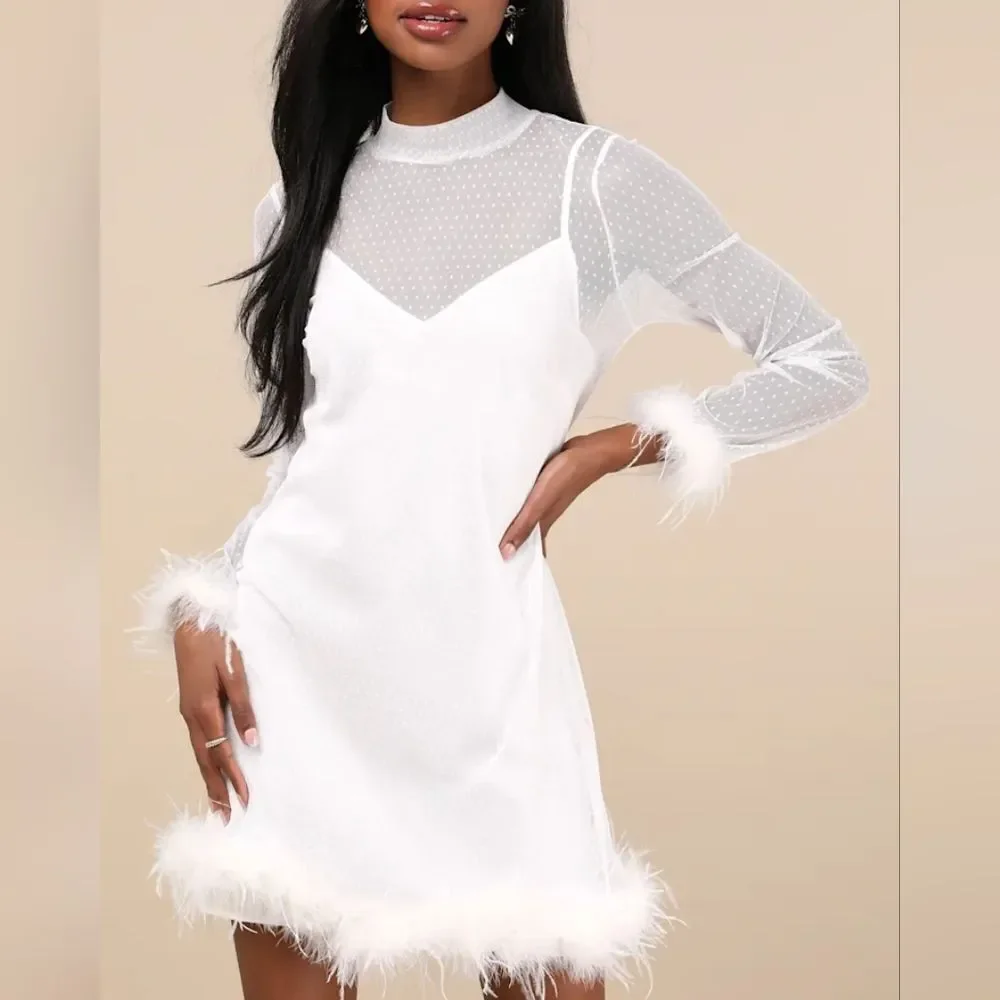 NWT Lulus Immaculate Charisma White Mesh Feather Long Sleeve Mini Dress Large